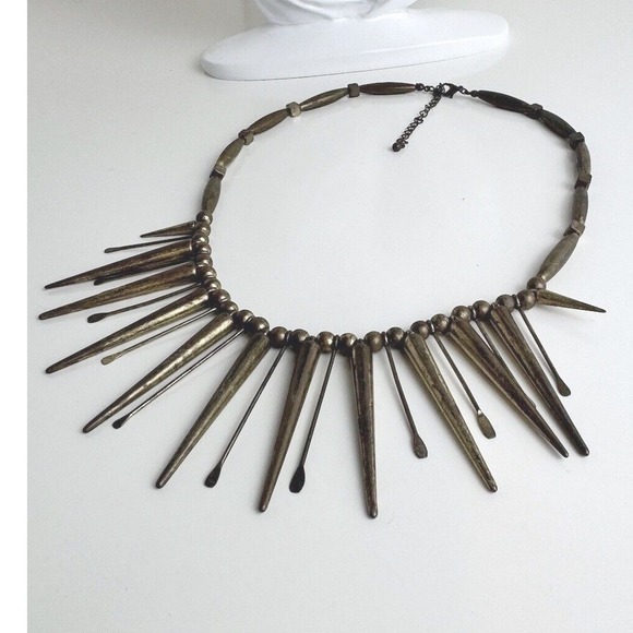 Antiqued Brass Tone Spike Fringe Statement‎ Necklace Industrial Punk Collar J-01 - Picture 5 of 11